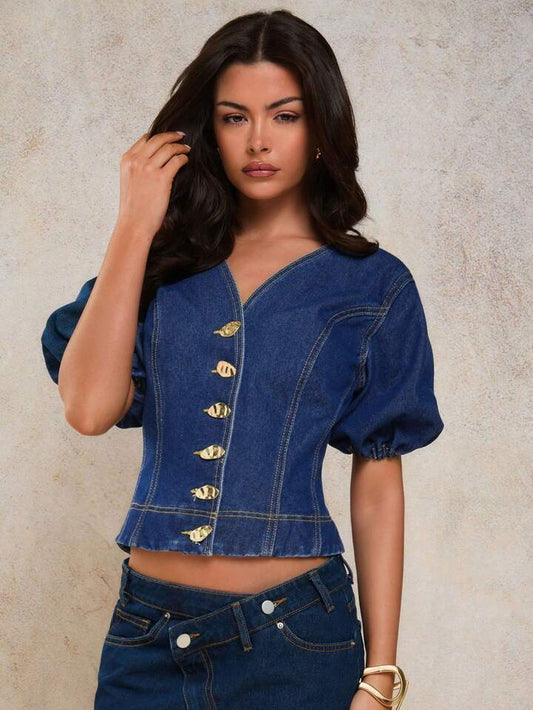 CM-TS734061 Women Casual Seoul Style V-Neck Puff Sleeve Metal Button Decor Crop Top - Blue