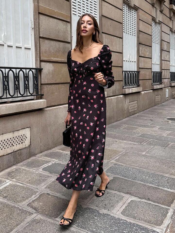CM-DS297138 Women Casual Seoul Style V-Neck Ruffle Trim Waist Cinched Floral Print Long Sleeve Dress