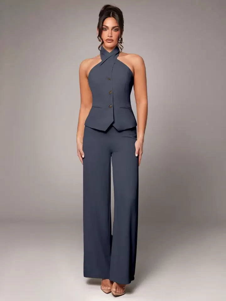 CM-SS288344 Women Elegant Seoul Style Sleeveless Metal Buckle Slim Halter Top With Pants Suit - Dark Gray