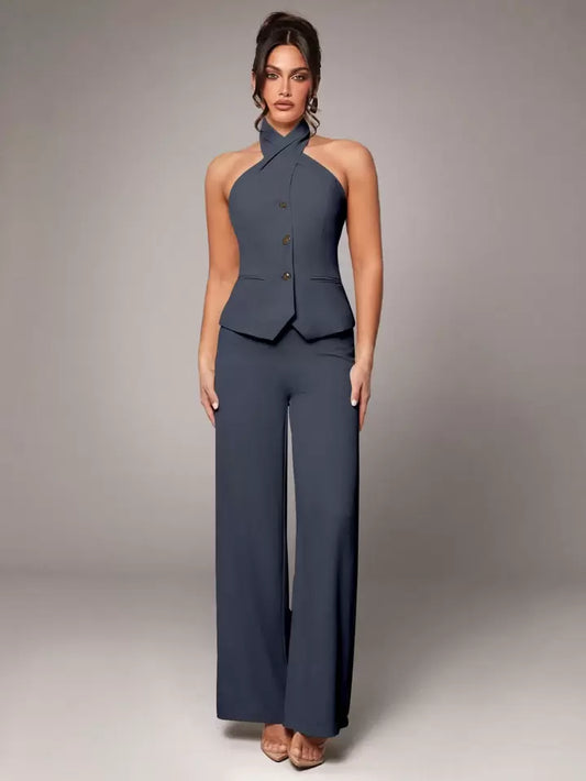 CM-SS288344 Women Elegant Seoul Style Sleeveless Metal Buckle Slim Halter Top With Pants Suit - Dark Gray