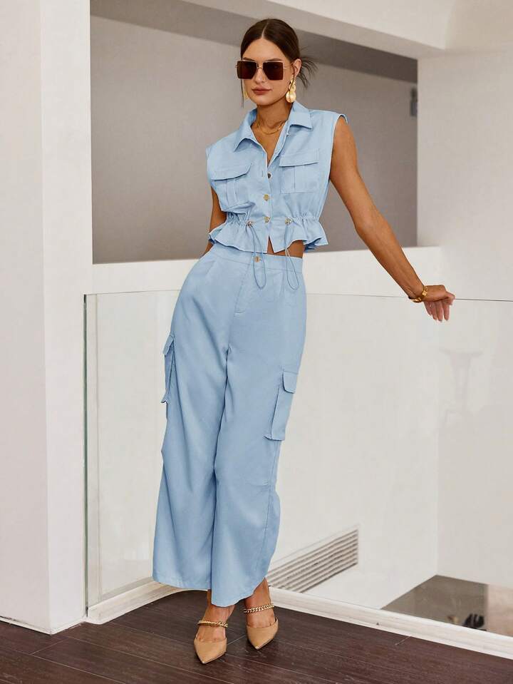 CM-SS271167 Women Casual Seoul Style Button Sleeveless Top With Drawstring Waist Work Pants - Blue