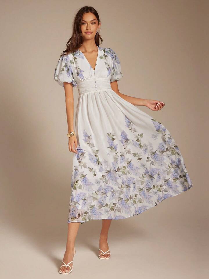 CM-DS779200 Women Elegant Seoul Style Tropical Lavander Print V-Neck Puff Sleeve Waist Cinched Maxi Dress