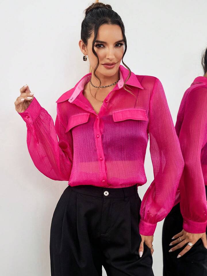 CM-TS185655 Women Casual Seoul Style Collar Neckline Sheer See-Through Long Sleeve Shirt