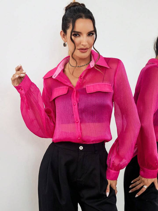 CM-TS185655 Women Casual Seoul Style Collar Neckline Sheer See-Through Long Sleeve Shirt