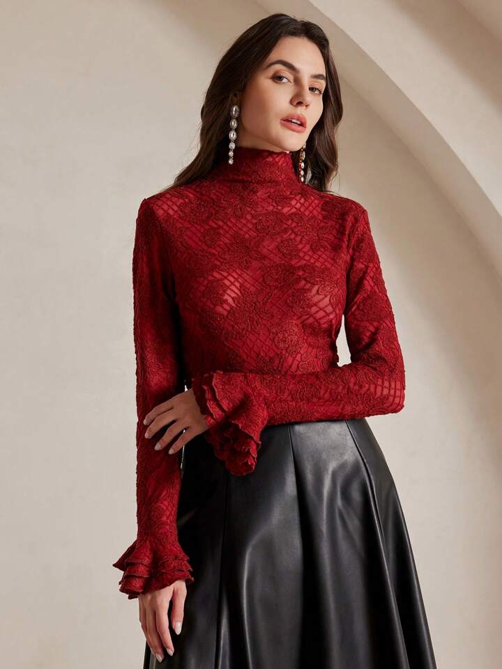CM-TS428123 Women Elegant Seoul Style Stand Collar Long Sleeve Ruffle Cuff Fitted Crochet Blouse - Red