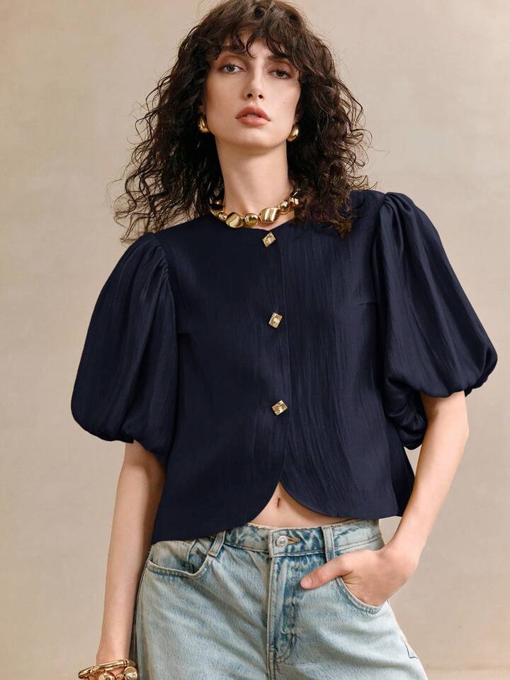 CM-TS037439 Women Elegant Seoul Style Satin Round Neck Puff Sleeve Golden Metal Button Decor Blouse - Navy Blue