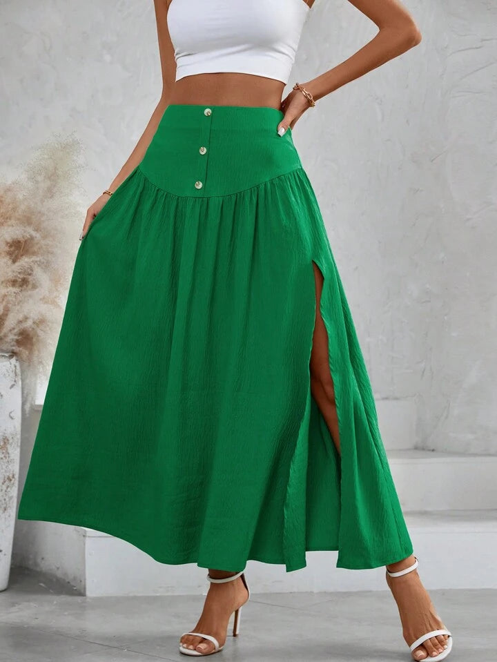 CM-BS838934 Women Trendy Bohemian Style Solid Color High Slit Skirt - Green