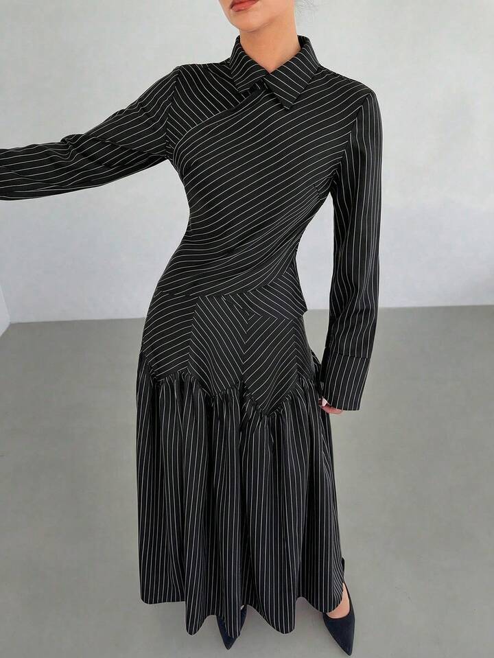 CM-SS672872 Women Elegant Seoul Style Striped Collar Neckline Long Sleeve Shirt With Pleated Maxi Skirt - Set