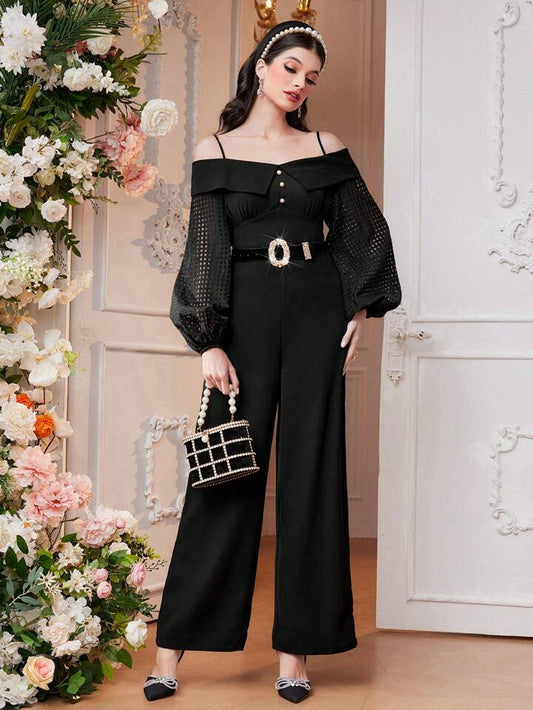 CM-JS392998 Women Elegant Seoul Style Off Shoulder Lantern Sleeve Jumpsuit - Black