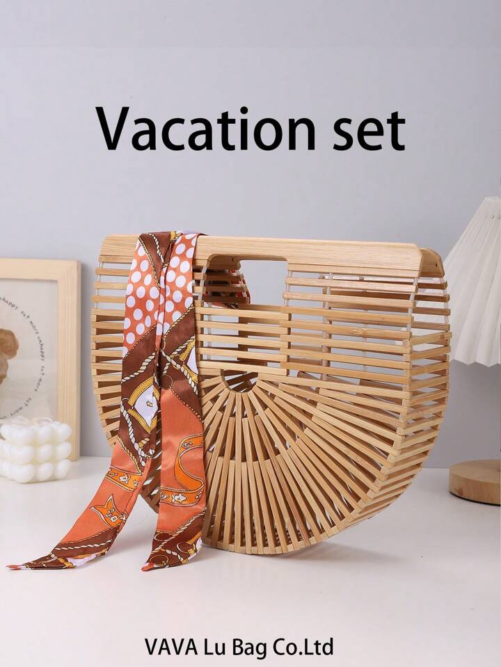 CM-BGS547842 Women Trendy Seoul Style Handheld Hollow Bamboo Woven Beach Bag With Scarf