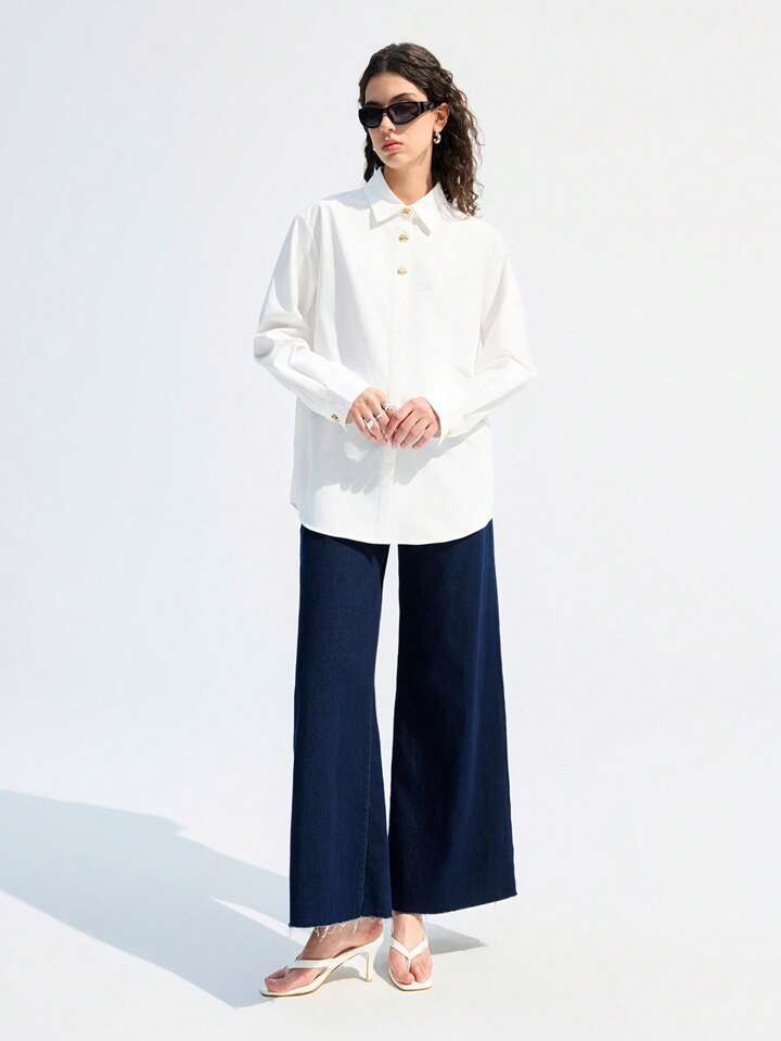 CM-TS827052 Women Casual Seoul Style Solid Collar Neckline Drop Shoulder Long Sleeve Blouse - White