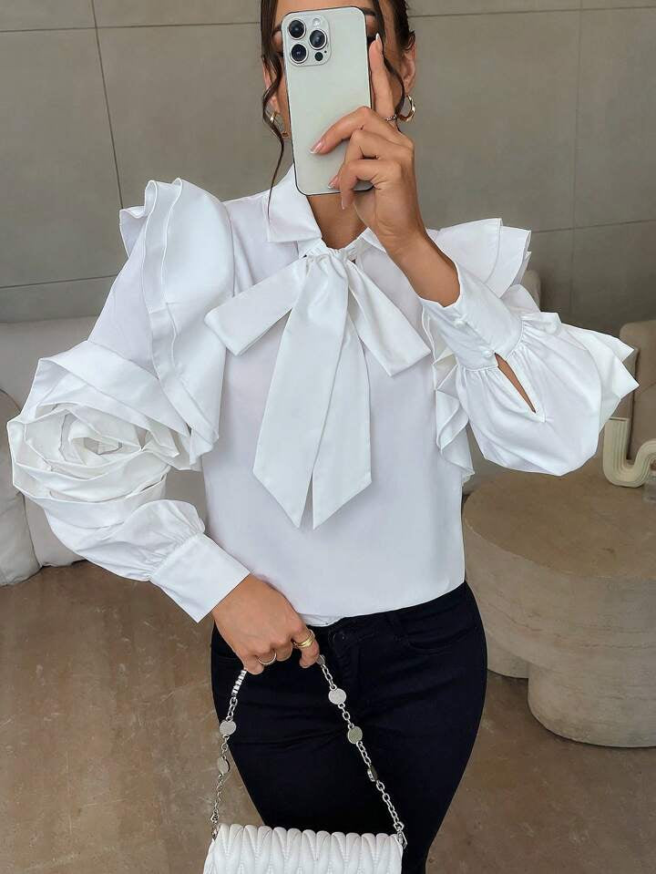 CM-TS179777 Women Elegant Seoul Style Bow Tie Stand Collar Lantern Sleeve Slim Fit Blouse - White
