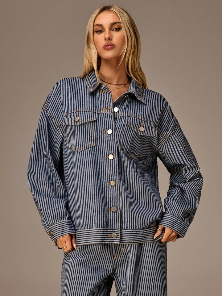 CM-CS757755 Women Casual Seoul Style Collar Neckline Long Sleeve Washed Striped Denim Jacket - Blue