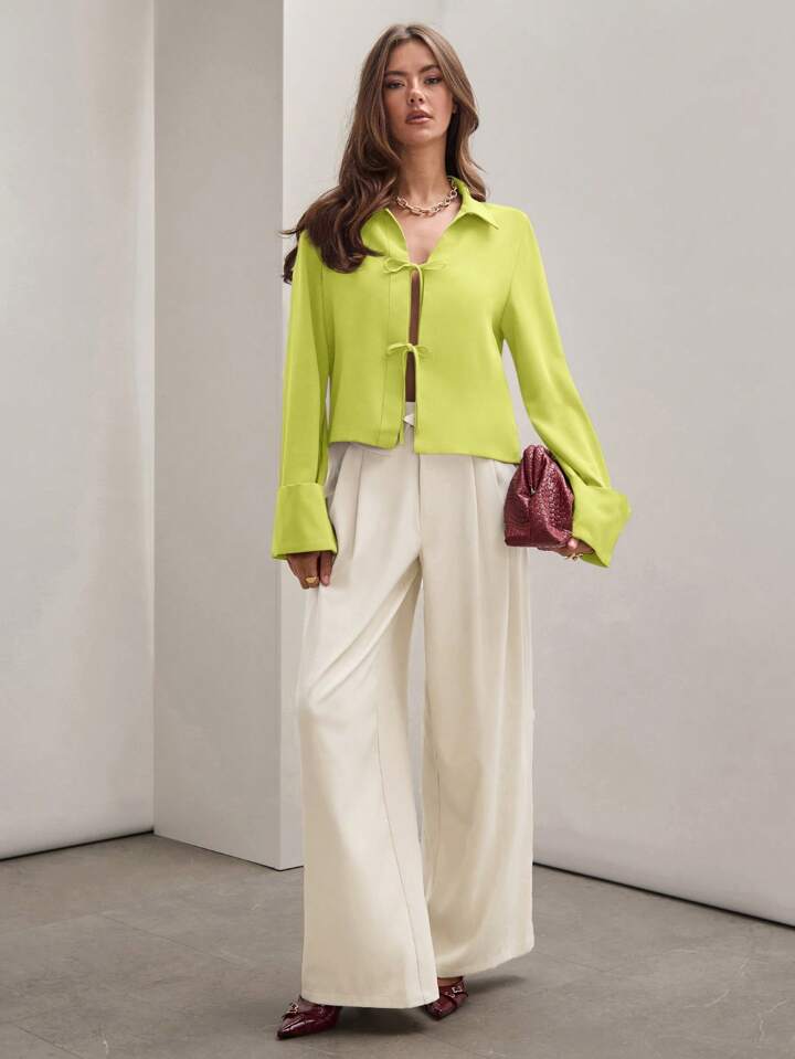 CM-TS814811 Women Trendy Bohemian Style Shirt Collar Front Tie Long Sleeve Shirt - Green