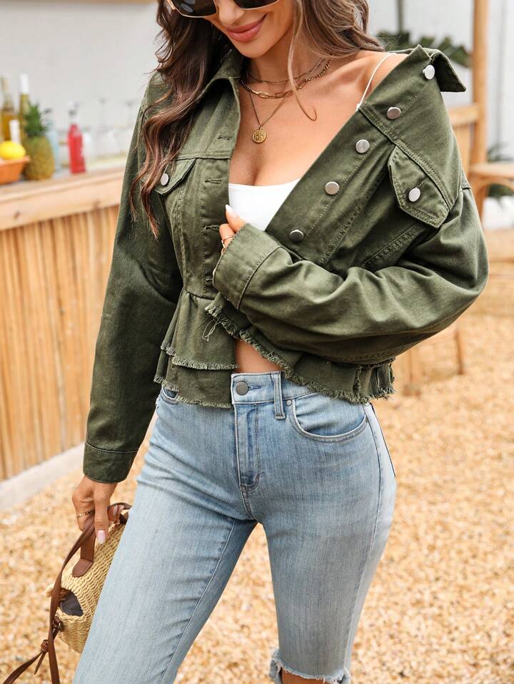 CM-CS397097 Women Casual Seoul Style Solid Color Frayed Edge Button Front Long Sleeve Denim Jacket
