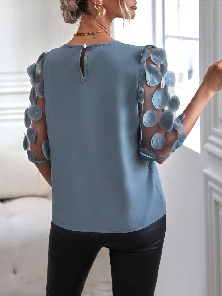 CM-TS278274 Women Casual Seoul Style Round Neck Contrast Mesh Sleeve Blouse - Gray