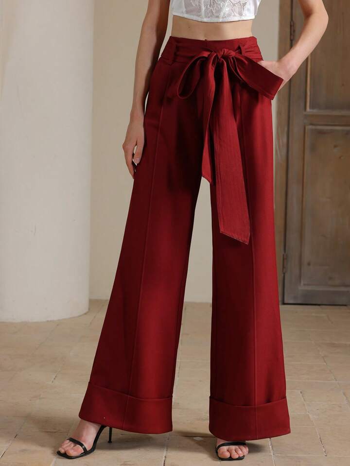 CM-BS645480 Women Elegant Seoul Style High Waist Belted Wide Leg Pants - Burgundy