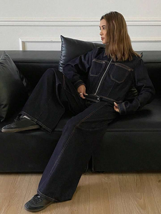 CM-SS534015 Women Elegant Seoul Style Collared Long Sleeve Jacket With Loose Fit Jeans - Set