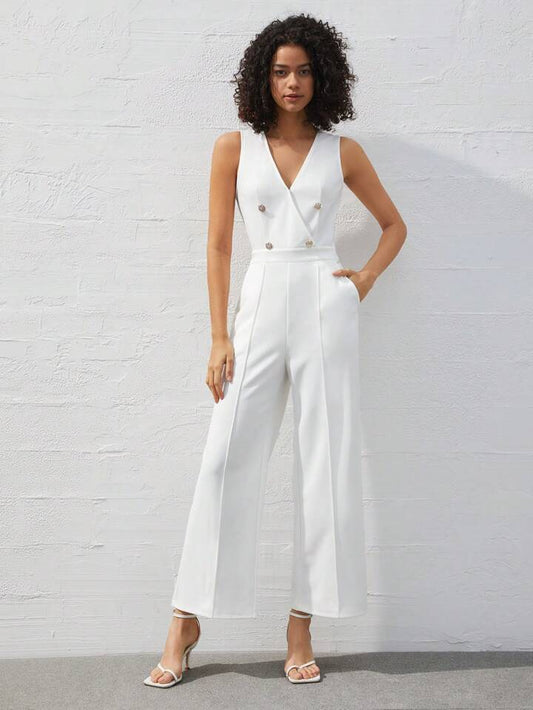 CM-JS093131 Women Elegant Seoul Style V-Neck Double Button Sleeveless Jumpsuit - White