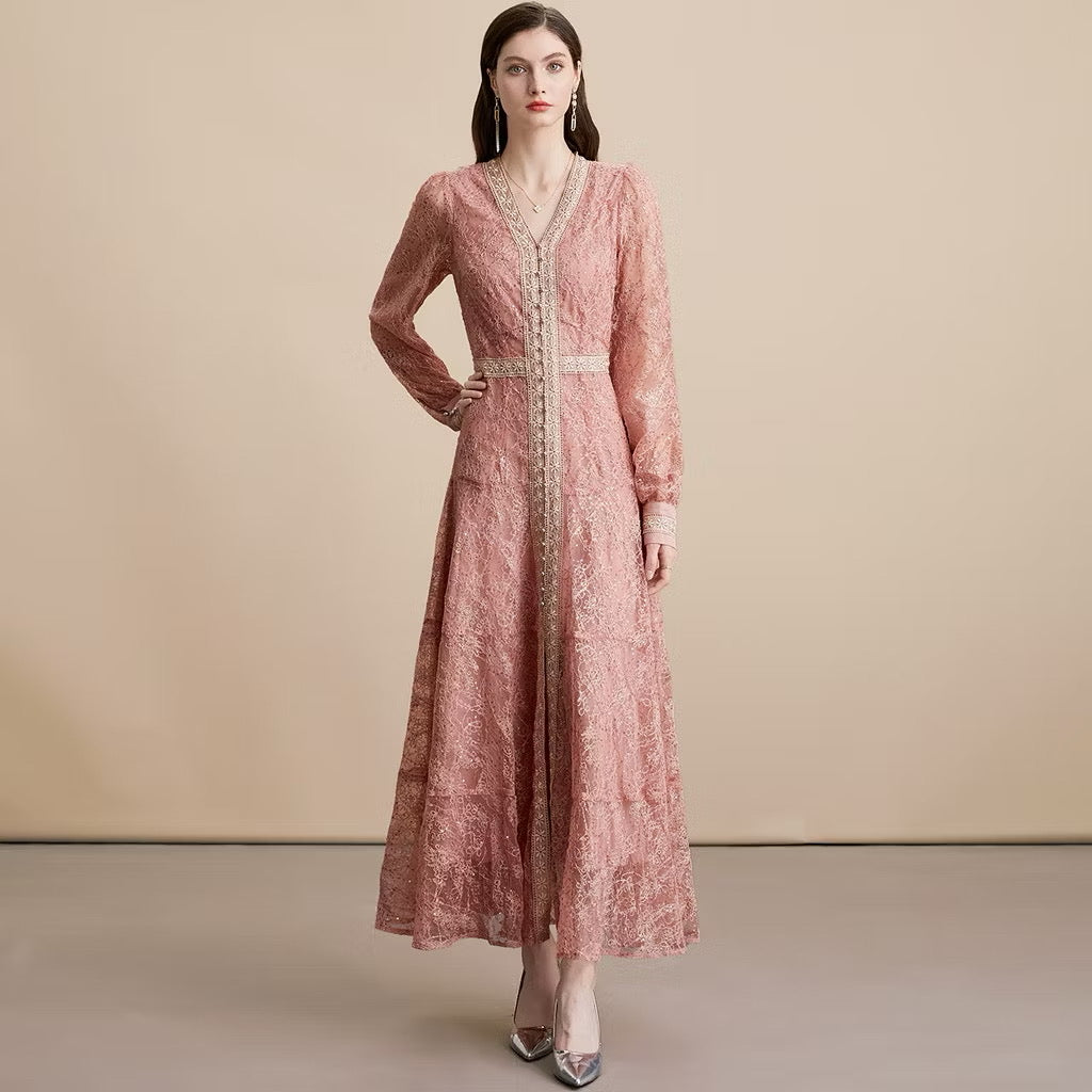 CM-DY054273 Women Elegant European Style V-Neck Long Sleeve Pinched Waist Long Dress - Red