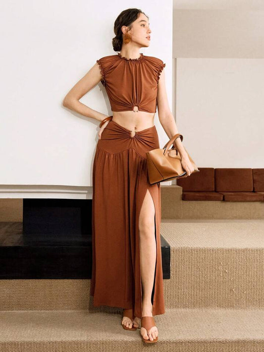 CM-SS116175 Women Trendy Bohemian Style Sleeveless Cropped Top With Metal Hollow Ring Waist Front Slit Skirt - Set