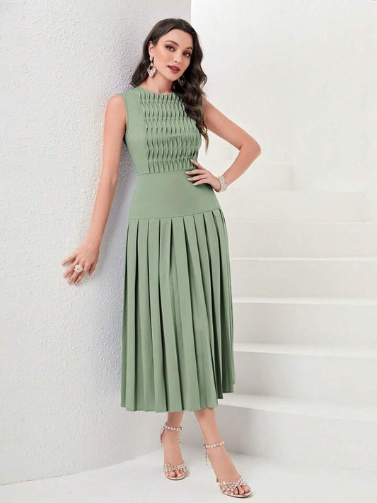CM-DS782640 Women Elegant Seoul Style Sleeveless Solid Pleated Hem Dress - Green