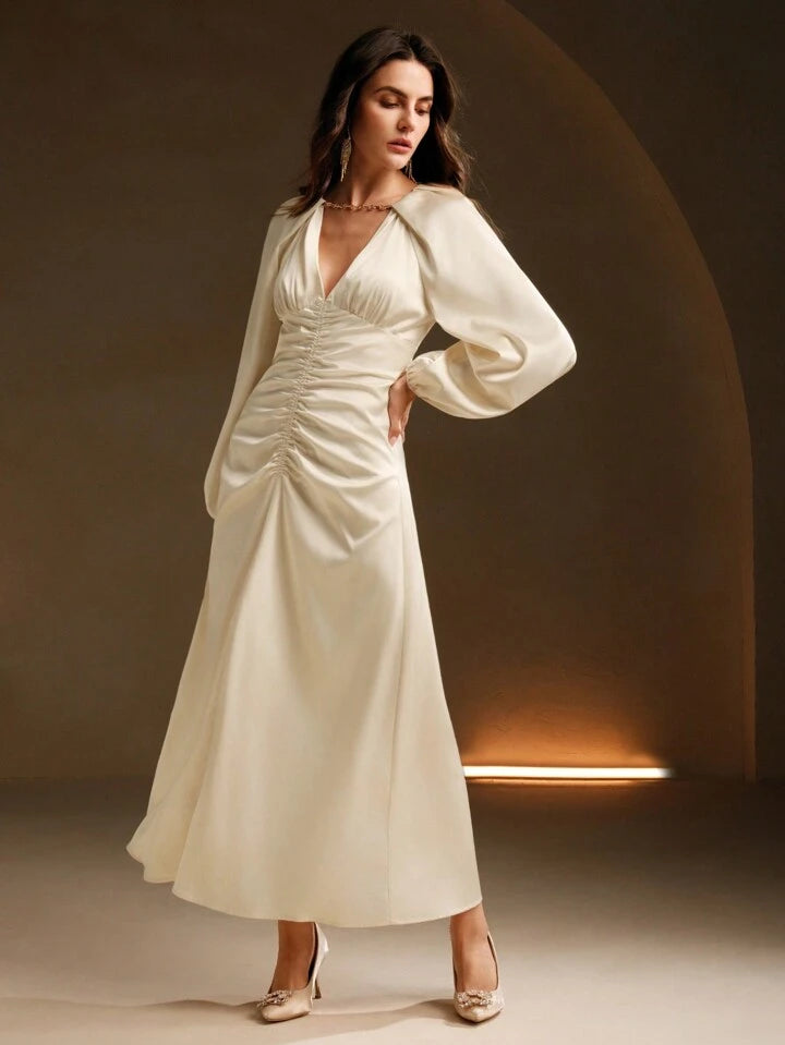 CM-DS744452 Women Elegant Seoul Style Satin Raglan Sleeve Chain Decor Cinched Waist Mid-Length Dress