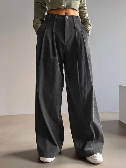 CM-BS111011 Women Casual Seoul Style Pleated Loose Fit Pants With Pockets - Dark Gray