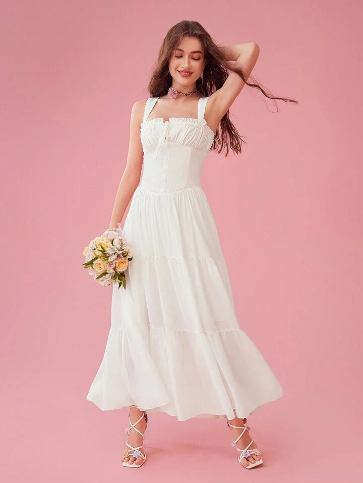 CM-DS284365 Women Elegant Seoul Style Square Collar Sleeveless Pleated Long Dress - White