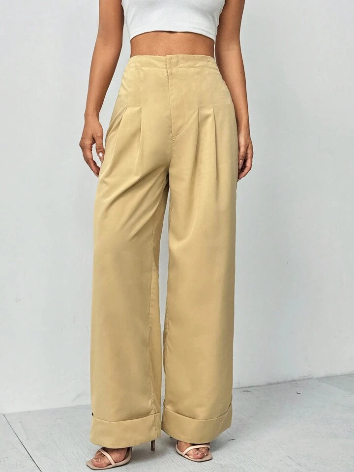 CM-BS628128 Women Casual Seoul Style High Waist Loose Foldover Wide Leg Pants - Khaki