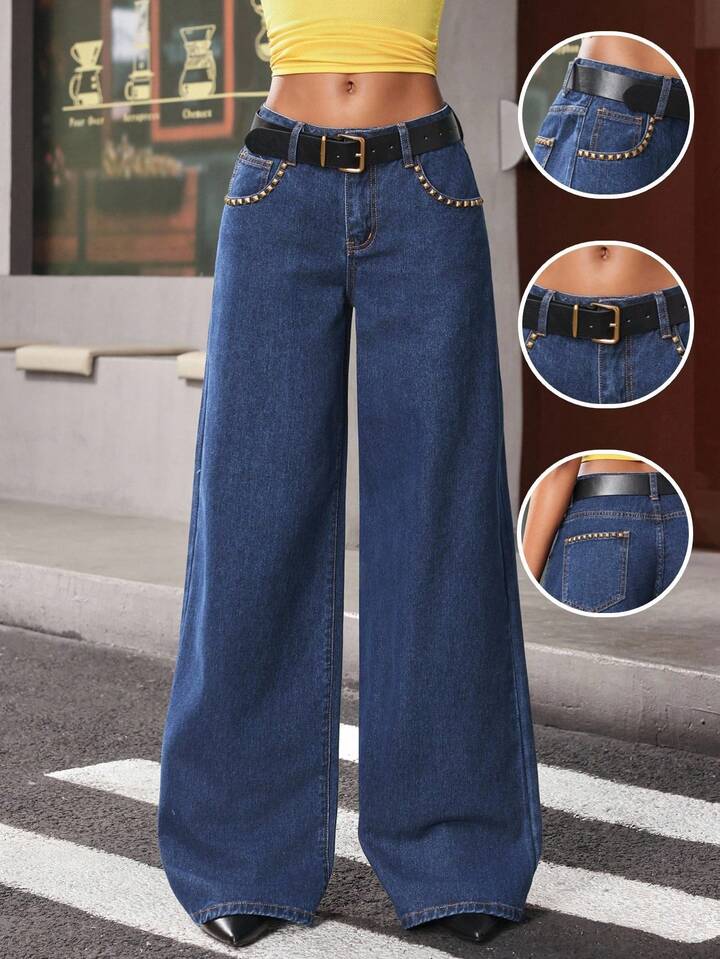 CM-BS311010 Women Casual Seoul Style Rivet Decor Black Leather Belt Low Waist Wide Leg Jeans - Blue