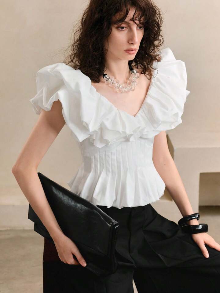CM-TS573713 Women Elegant Seoul Style Wide V-Neck Puff Neck Pleated Cinched Waist Asymmetrical Blouse - White