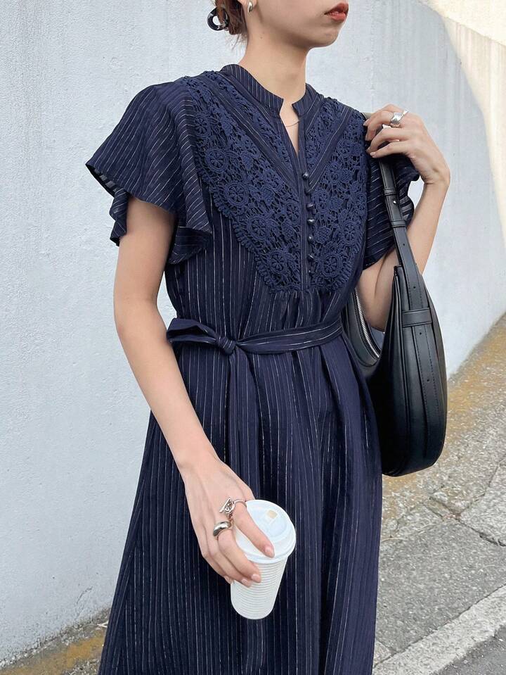 CM-DS034136 Women Elegant Seoul Style Notched Neckline Flounce Sleeve High Waist A-Line Dress - Navy Blue