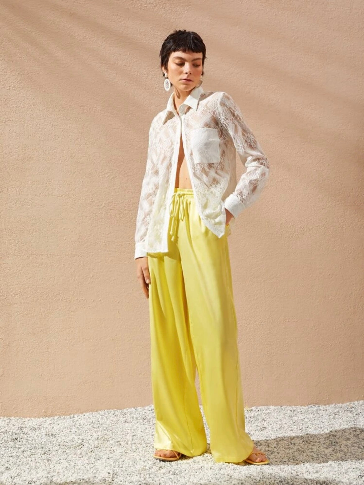 CM-BS349899 Women Trendy Bohemian Style Drawstring Waist Slant Pocket Satin Pants - Yellow