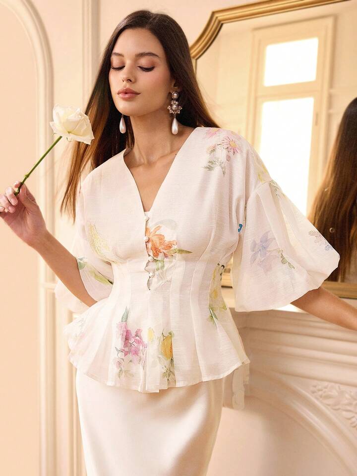 CM-TS358830 Women Elegant Seoul Style V-Neck Organza Floral Print Puff Sleeve Blouse - White