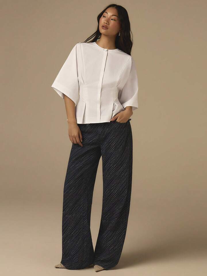CM-TS905303 Women Casual Seoul Style Solid Color Round Neck Pleated Waist 3/4 Sleeve Blouse - White