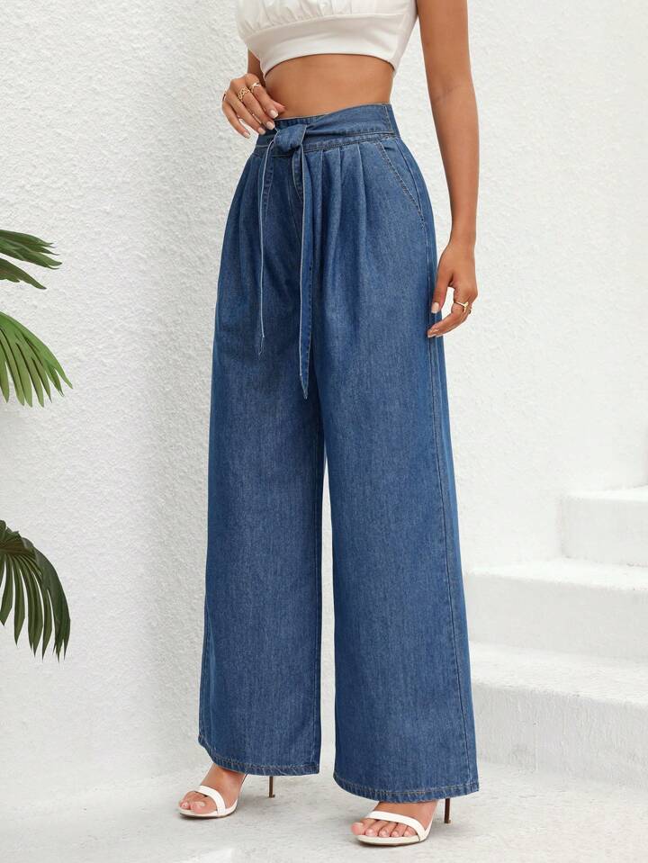 CM-BS692337 Women Casual Seoul Style Medium Wash High Waist Belted Wide Leg Jeans