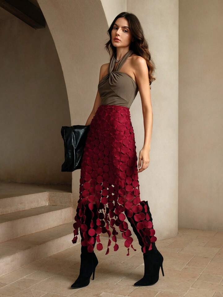 CM-BS381291 Women Elegant Seoul Style Laser Cut Multi Circle Double Layered Skirt - Burgundy