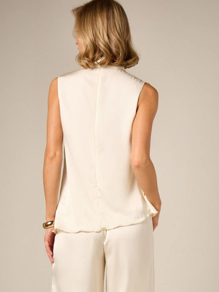 CM-TS197759 Women Elegant Seoul Style Satin Asymmetric Cowl Neck Sleevless Drape Blouse - Apricot