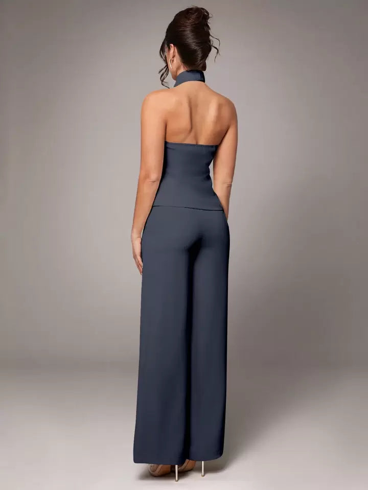 CM-SS288344 Women Elegant Seoul Style Sleeveless Metal Buckle Slim Halter Top With Pants Suit - Dark Gray