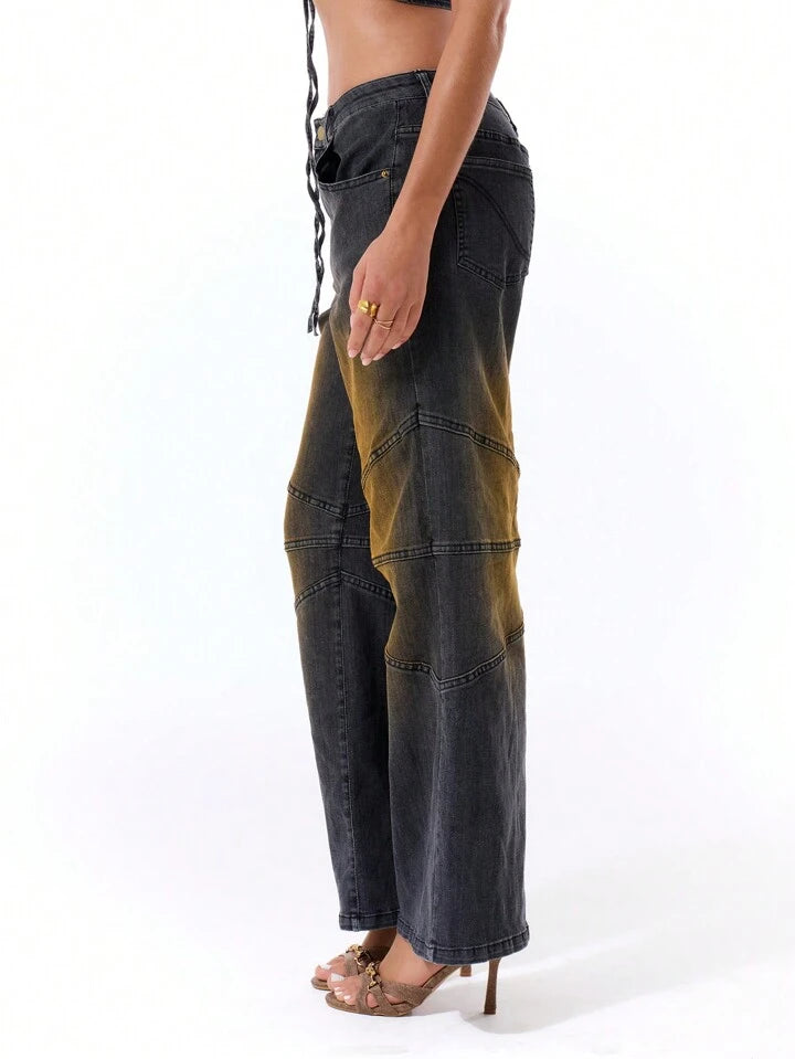 CM-BS409499 Women Casual Seoul Style Drop Waist Extra Long Panel Detail Wide Leg Jeans