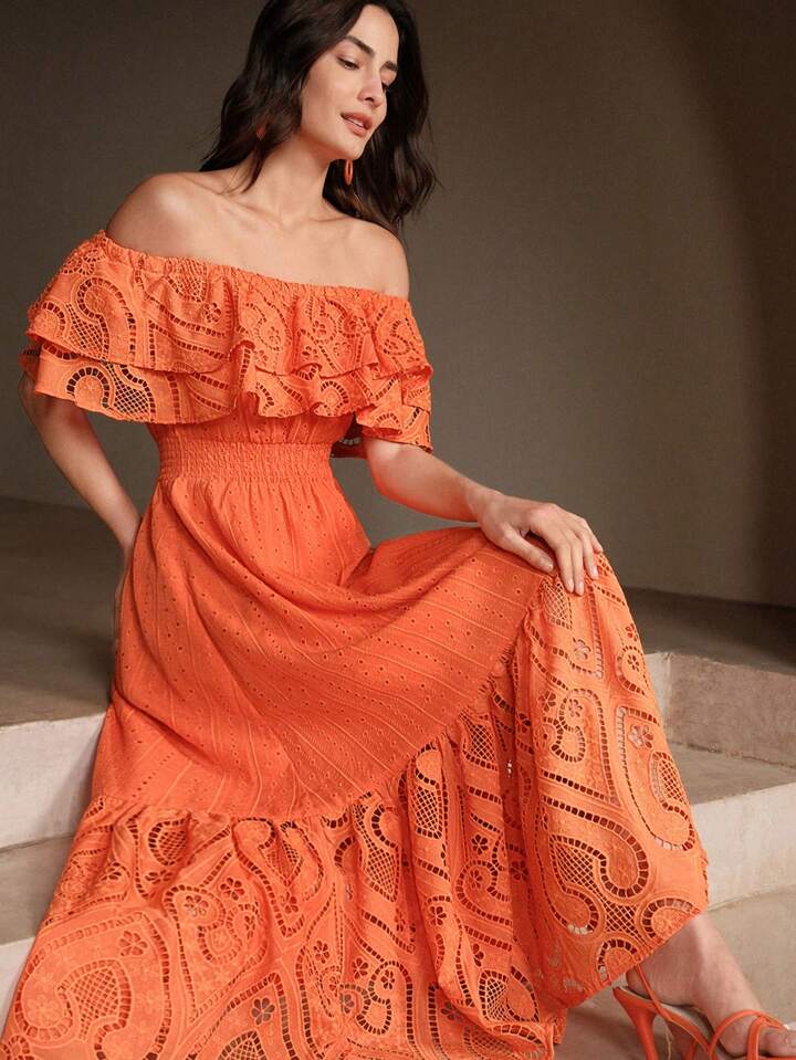 CM-DS642728 Women Elegant Seoul Style Hollow-Out Embroidered Lace Off-Shoulder Dress - Orange