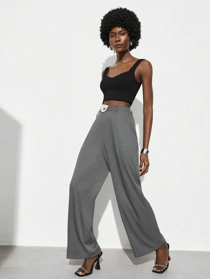 CM-BS830444 Women Elegant Seoul Style Colorblock Asymmetrical High Waist Pants - Dark Gray