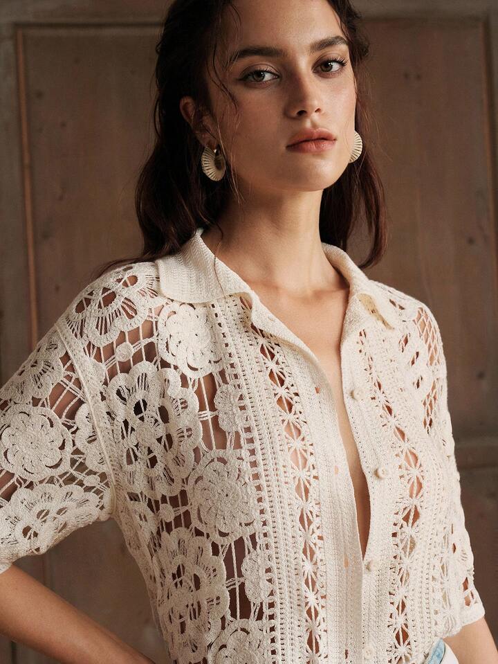 CM-TS333933 Women Casual Seoul Style Hollow Floral Asymmetric Loose Polo Collar Crochet Blouse