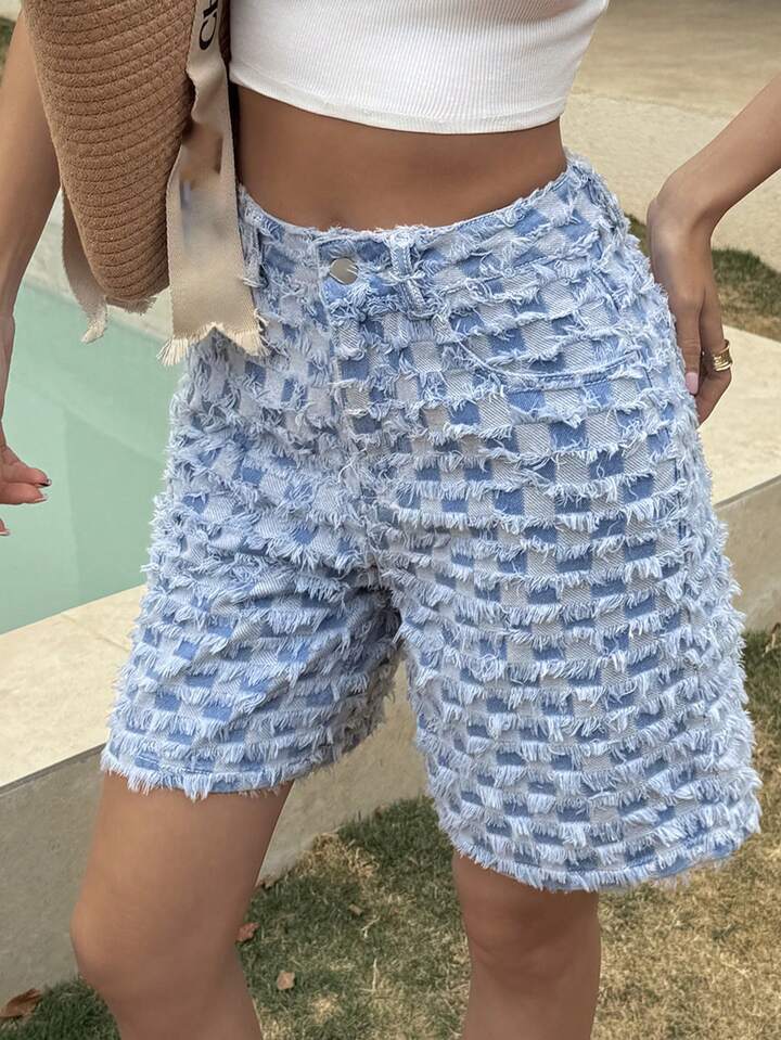 CM-BS354529 Women Casual Seoul Style Light Wash Textured Plaid Fringe Hem Straight Leg Loose Denim Shorts