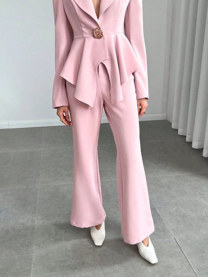 CM-SS888855 Women Elegant Seoul Style Lapel Neckline Asymmetrical Long Sleeve Blazer With Long Pant Suit - Baby Pink