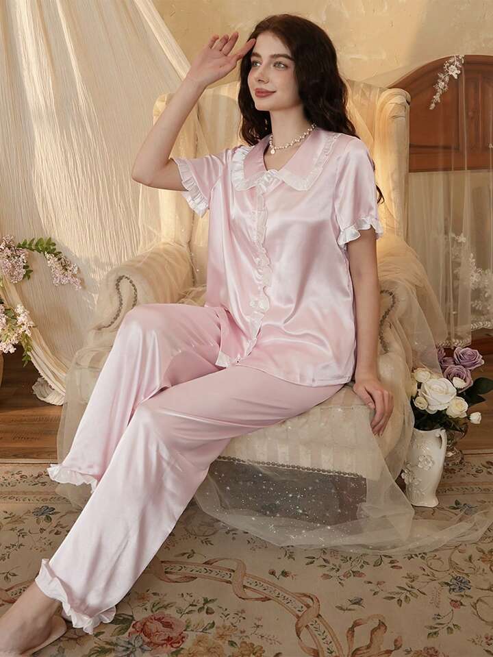 CM-LS435365 Women Trendy Seoul Style Contrast Color Ruffle Trim Loose Pajama Set - Pink