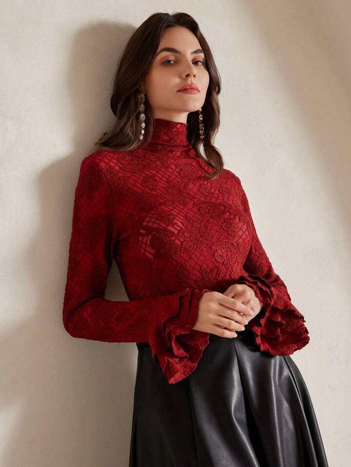 CM-TS428123 Women Elegant Seoul Style Stand Collar Long Sleeve Ruffle Cuff Fitted Crochet Blouse - Red
