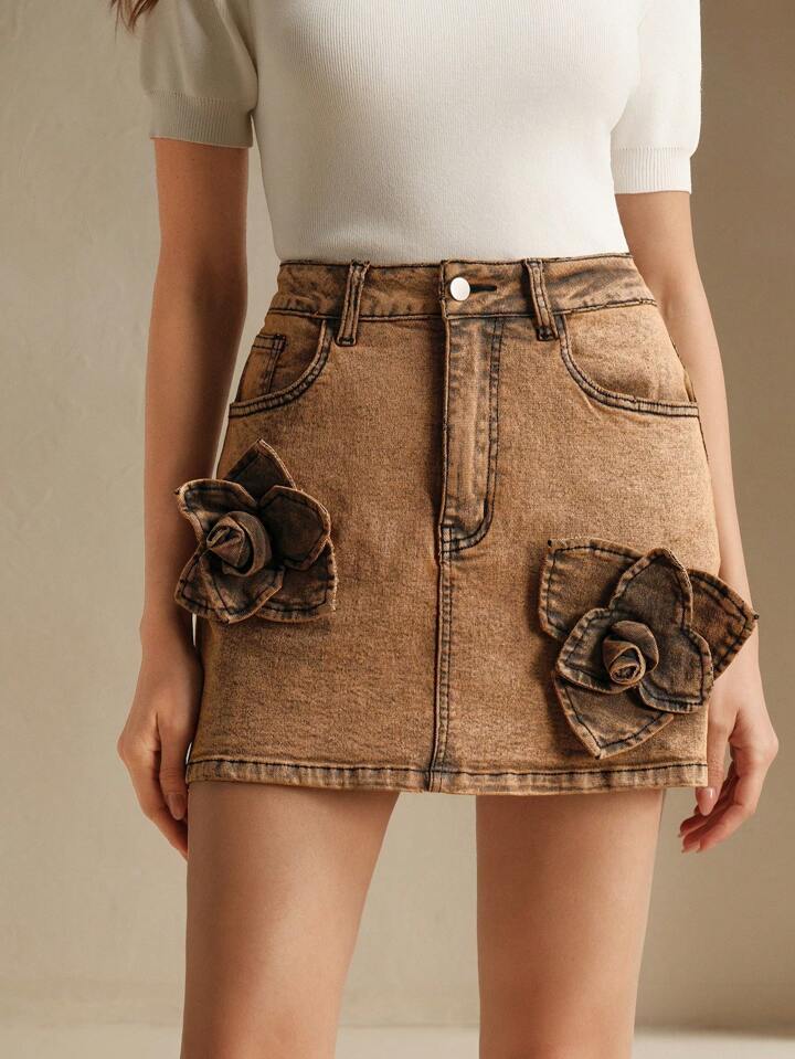 CM-BS455021 Women Casual Seoul Style 3D Floral Decor Denim Mini Skirt