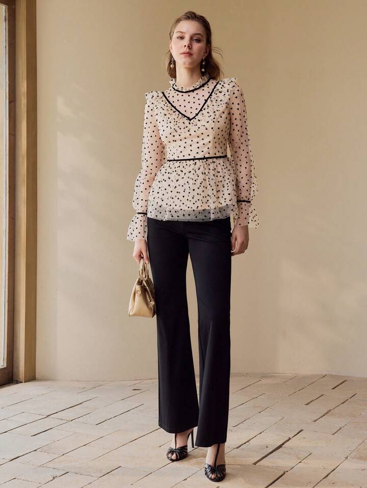 CM-TS622020 Women Elegant Seoul Style Stand Collar Flare Sleeve Contrast Mesh Ruffle Trim Blouse - Apricot